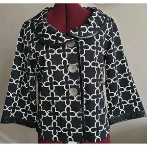Debra‎ Deroo XS Vintage Black White Blazer Quatrefoil Geometric Print 3/4 Sleeve